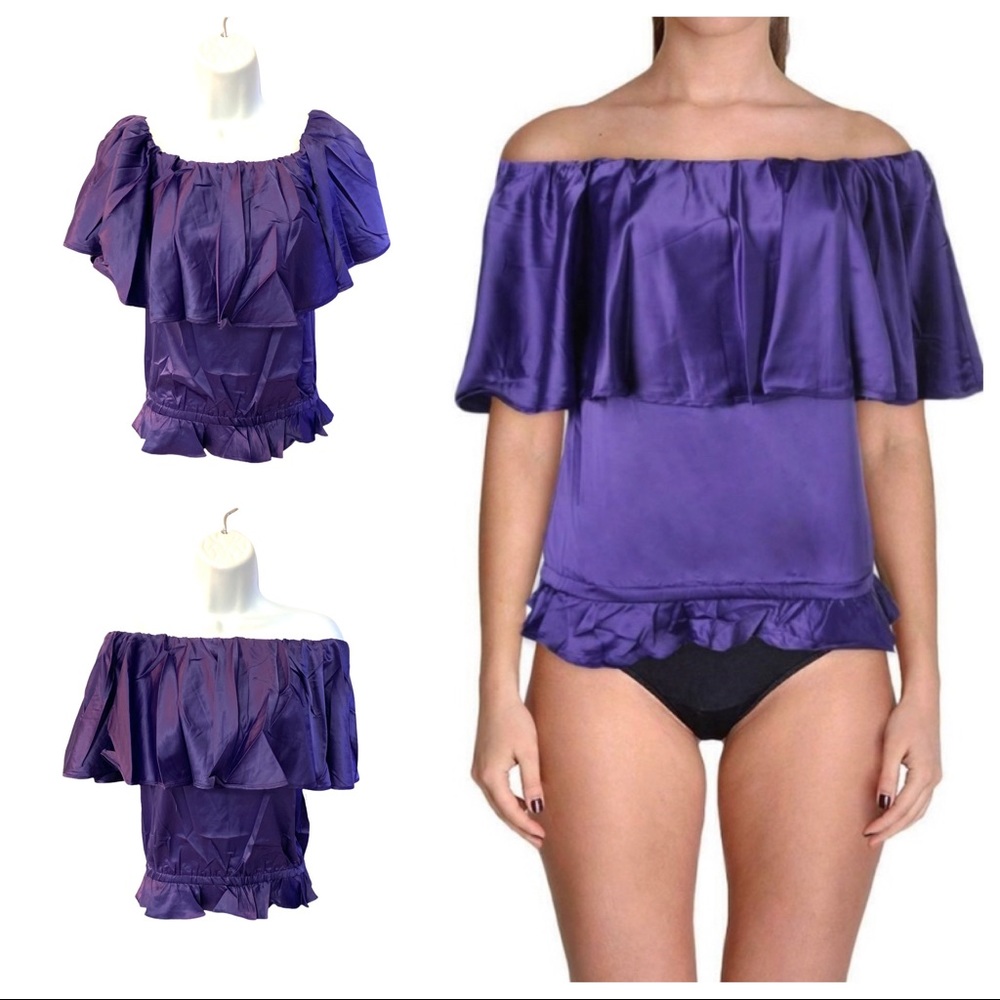 Rachel Lym Swim Coverup Stretch Satin Ruffle Off Shoulder Dark Purple Resort Top